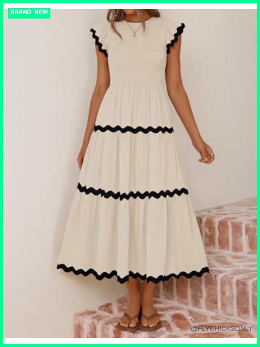 Flutter Short Sleeve Smocked High Waist Midi Dress Tiered Boho Casual - Picture 4 of 7